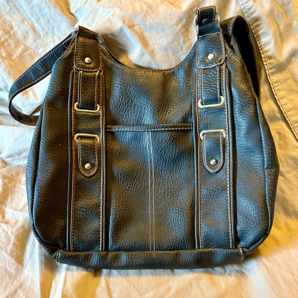 Black Leather Shoulder Bag with Double Buckle Details